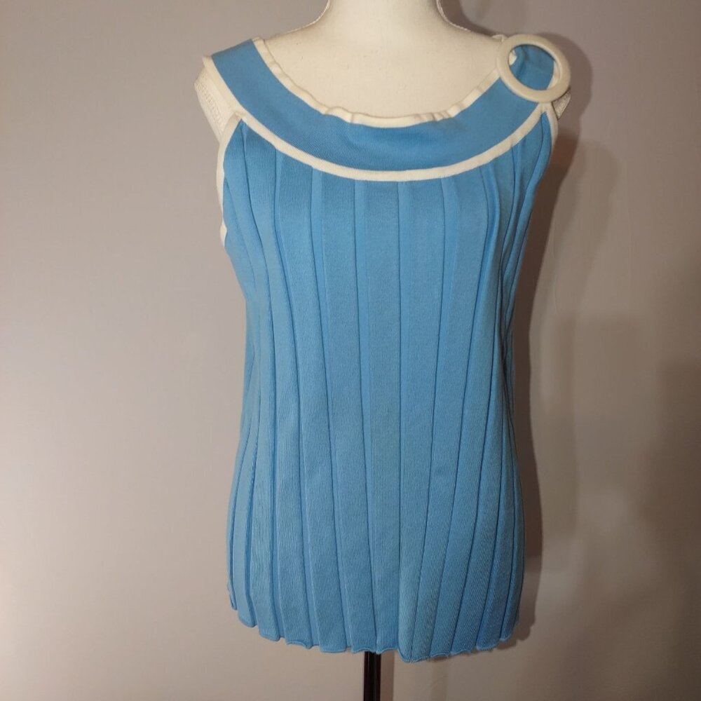 Vintage Blue Sleeveless Knit Top With Ribbed Texture & Decorative Ring Accent-XL